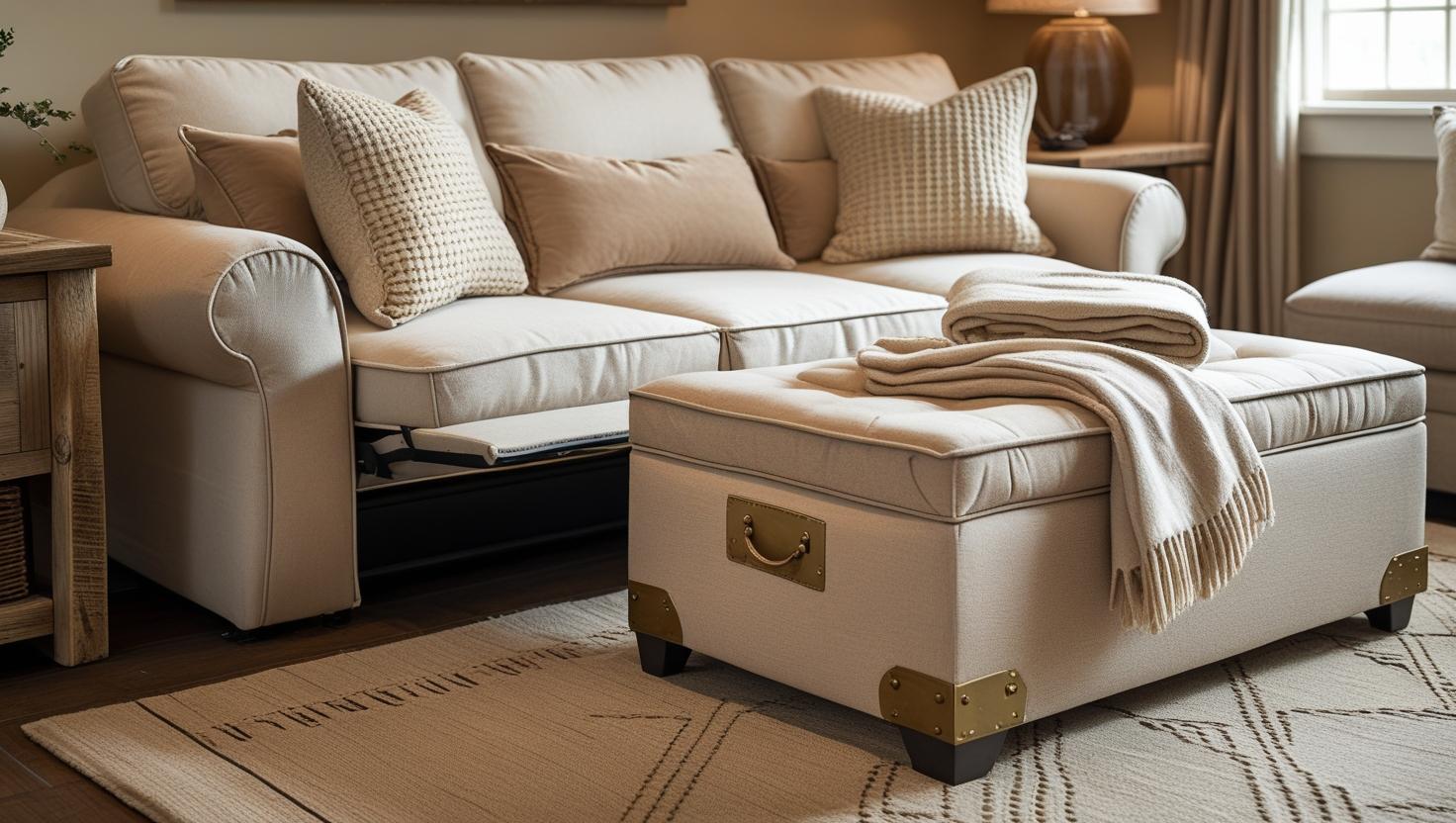 Living room with multifunctional furniture like a sofa bed and storage ottoman, ideal for making a smaller space look bigger.