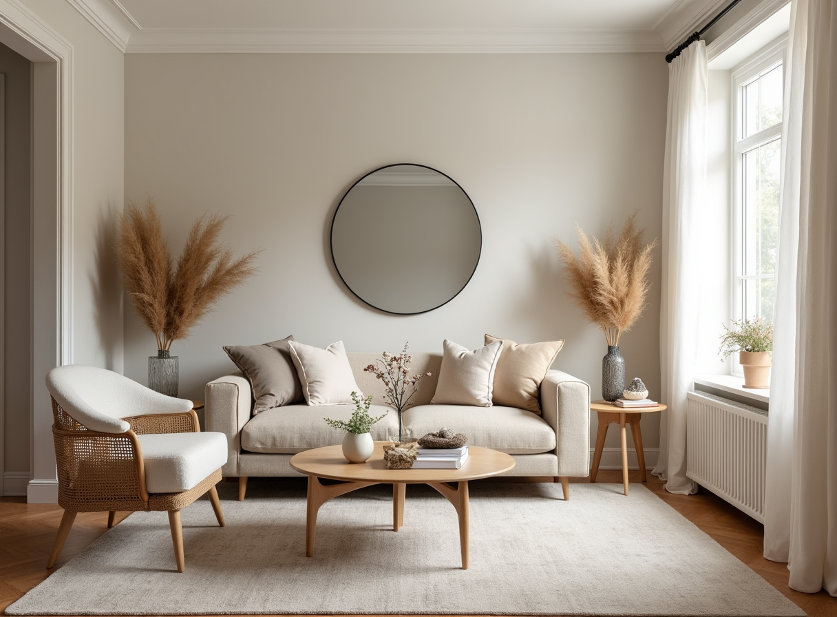 Living room with neutral colors and minimal patterns, helping the smaller space look bigger.