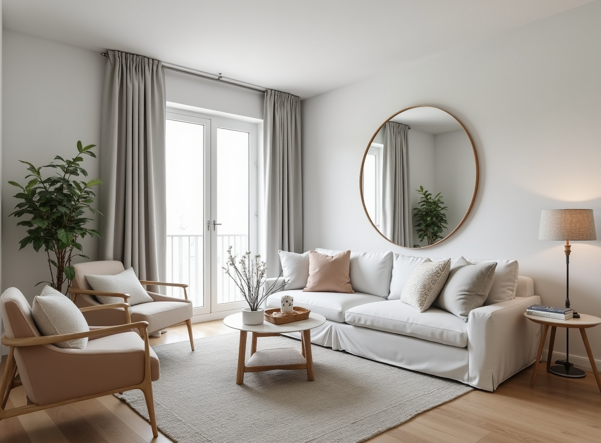 Light-filled living room in soft whites and grays with large windows, creating a spacious look in a smaller space.