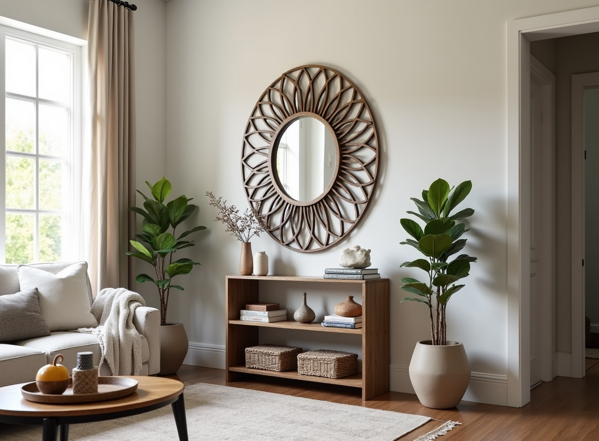 Living room with a large mirror above a console table, reflecting a window to make the smaller space look bigger.