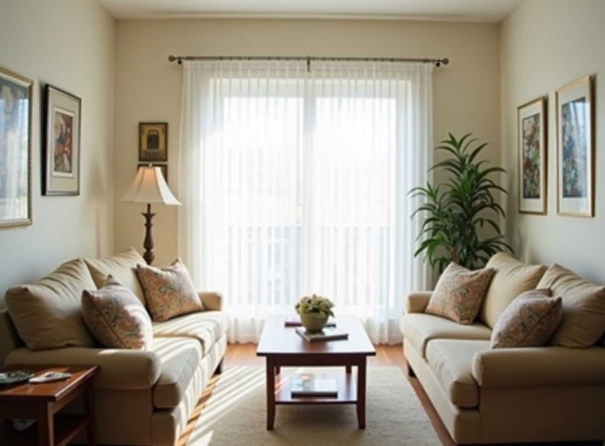 Bright living room with sheer curtains and soft natural light, helping the smaller space look bigger.