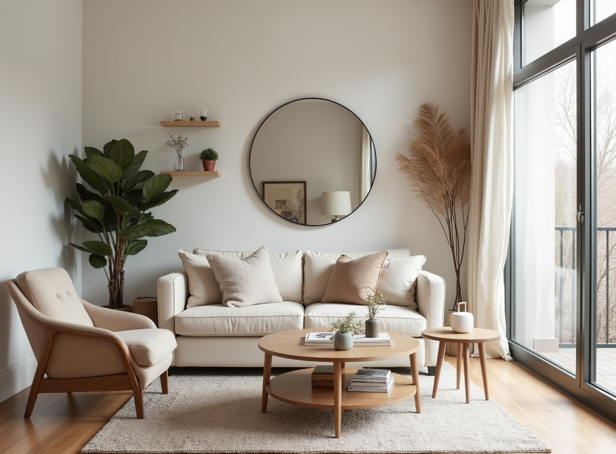 Minimalist living room with neutral decor and clear surfaces, helping a smaller space look bigger.
