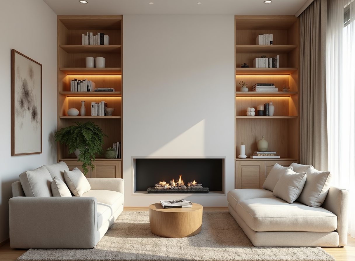 Living room with tall bookcases and high curtains to draw the eye upward, making a smaller space look bigger.