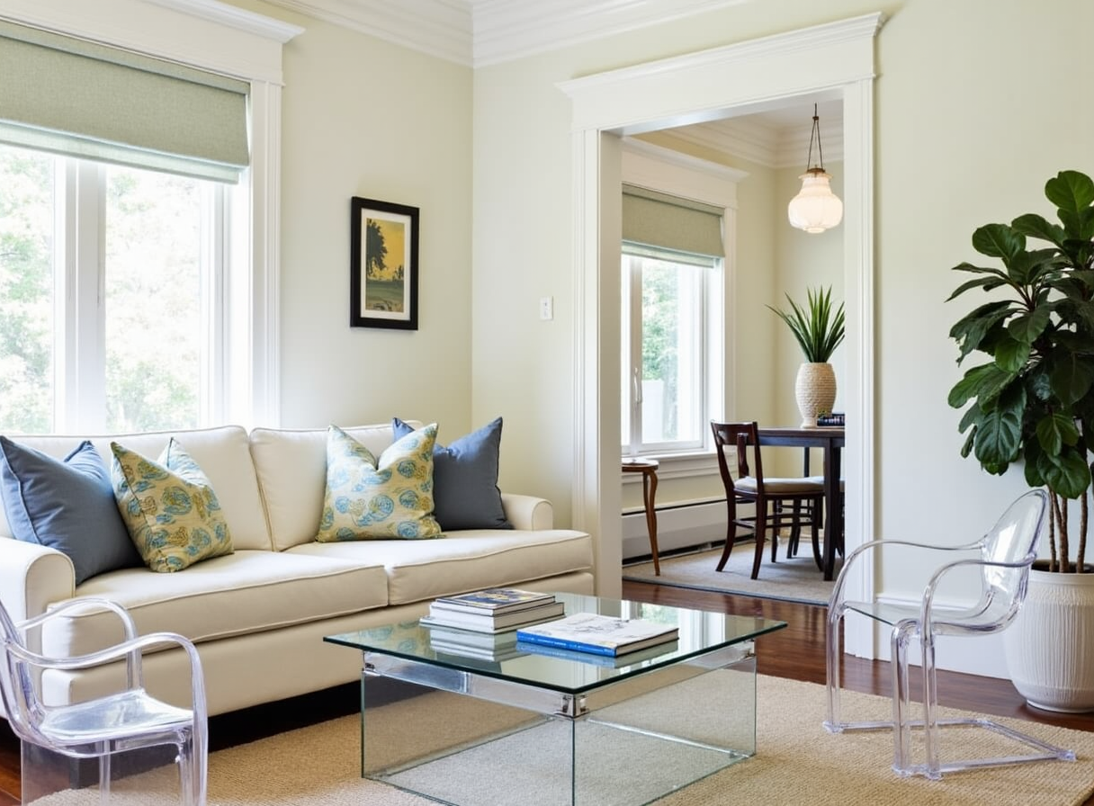 Living room with glass coffee table and lucite chairs, creating openness in a smaller space.